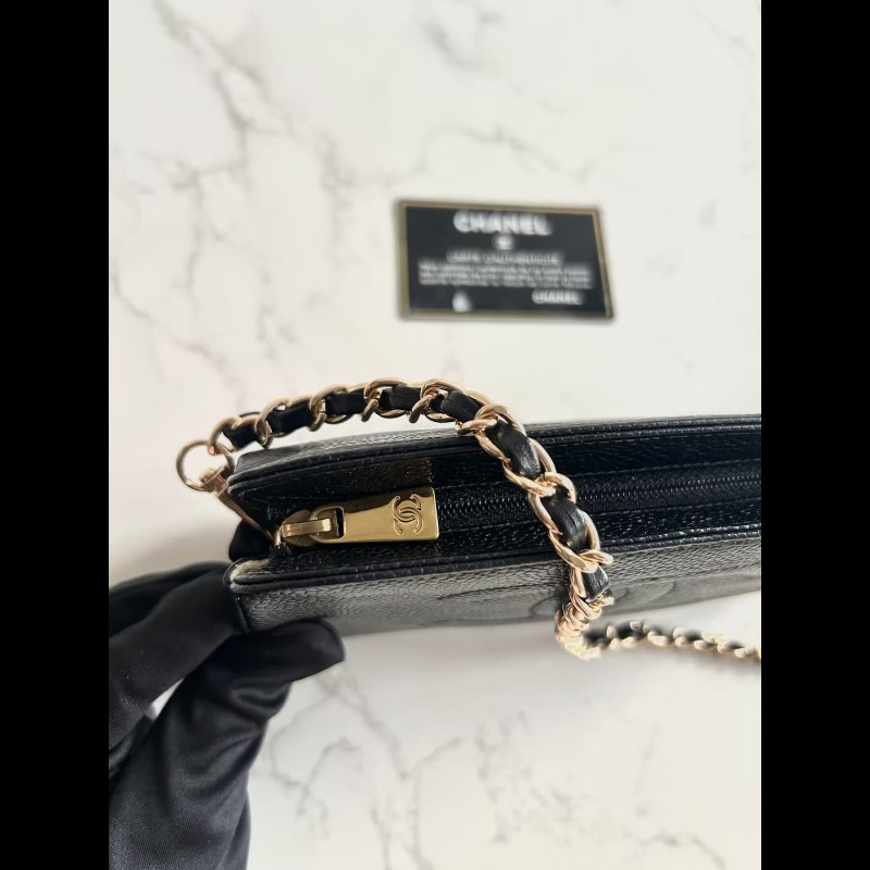 【LA LUNE】中古二手Chanel黑色魚子醬皮革側背包 斜背包 皮革包 單肩包 古董-3