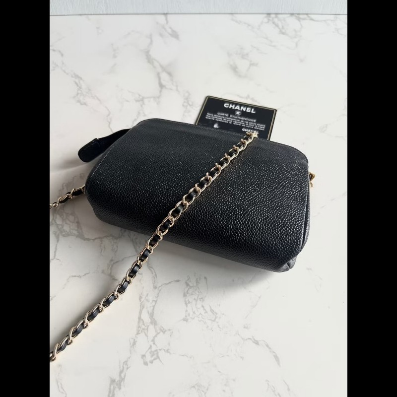 【LA LUNE】中古二手Chanel黑色魚子醬皮革側背包 斜背包 皮革包 單肩包 古董-4