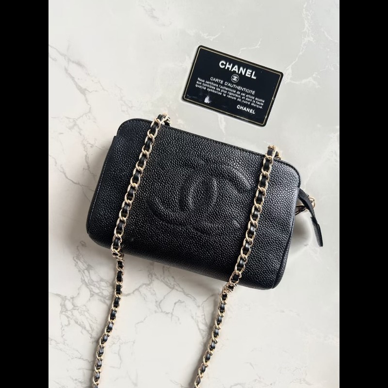 【LA LUNE】中古二手Chanel黑色魚子醬皮革側背包 斜背包 皮革包 單肩包 古董-5