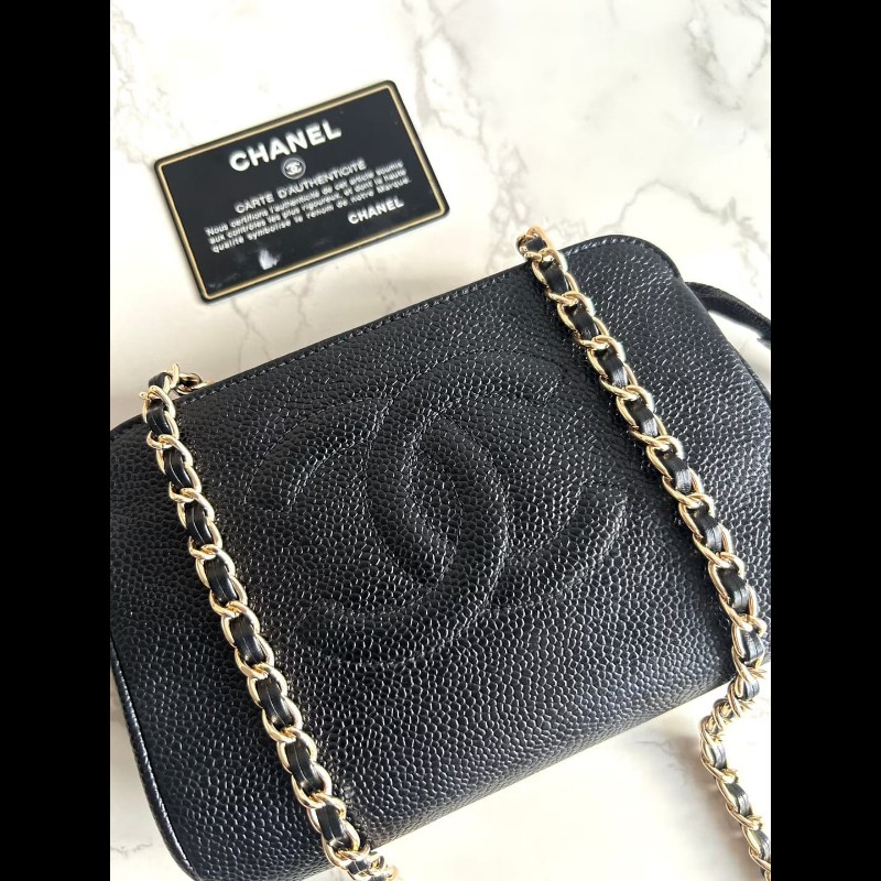 【LA LUNE】中古二手Chanel黑色魚子醬皮革側背包 斜背包 皮革包 單肩包 古董-6