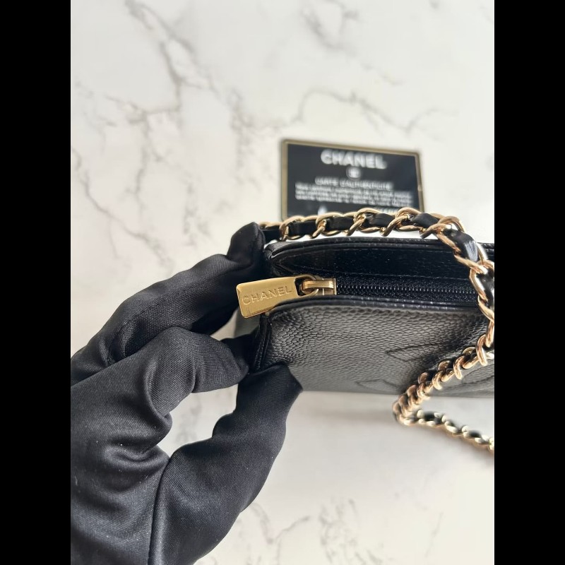 【LA LUNE】中古二手Chanel黑色魚子醬皮革側背包 斜背包 皮革包 單肩包 古董-7