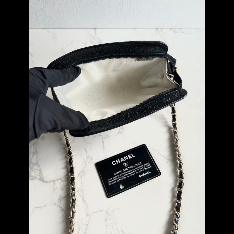 【LA LUNE】中古二手Chanel黑色魚子醬皮革側背包 斜背包 皮革包 單肩包 古董-8