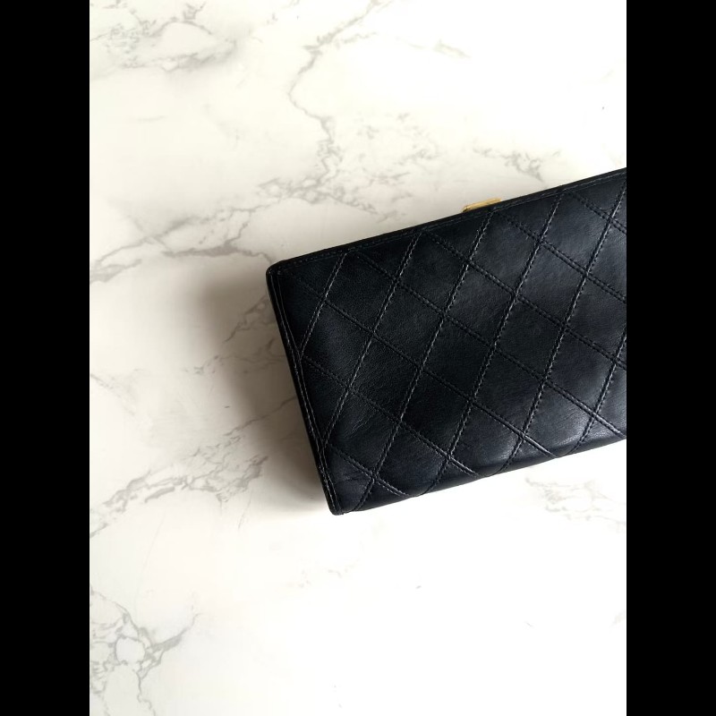 【LA LUNE】絕版古董包 Chanel 黑色小羊皮革長夾 銀包 皮夾 中古包 二手包-1