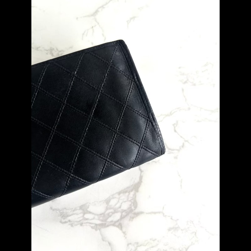 【LA LUNE】絕版古董包 Chanel 黑色小羊皮革長夾 銀包 皮夾 中古包 二手包-2