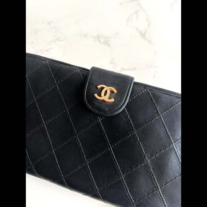 【LA LUNE】絕版古董包 Chanel 黑色小羊皮革長夾 銀包 皮夾 中古包 二手包-5