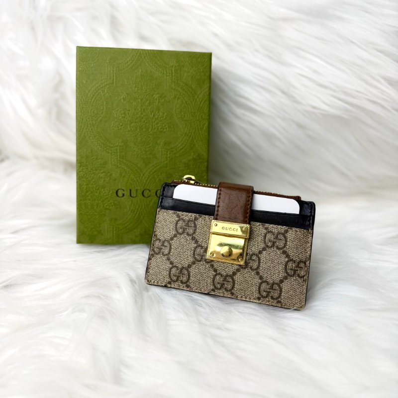 GUCCI 卡包 烏木色拼黑色拼棕色塗層帆布拼牛皮 金扣-2
