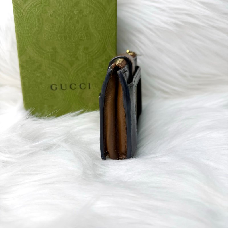 GUCCI 卡包 烏木色拼黑色拼棕色塗層帆布拼牛皮 金扣-4