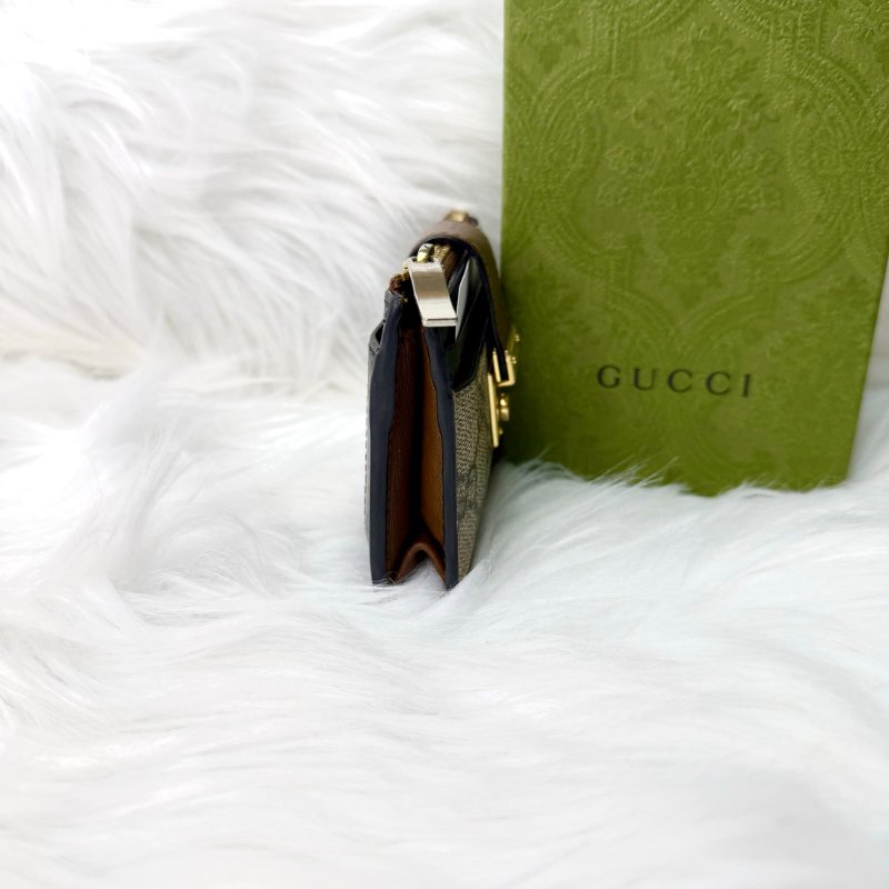 GUCCI 卡包 烏木色拼黑色拼棕色塗層帆布拼牛皮 金扣-5