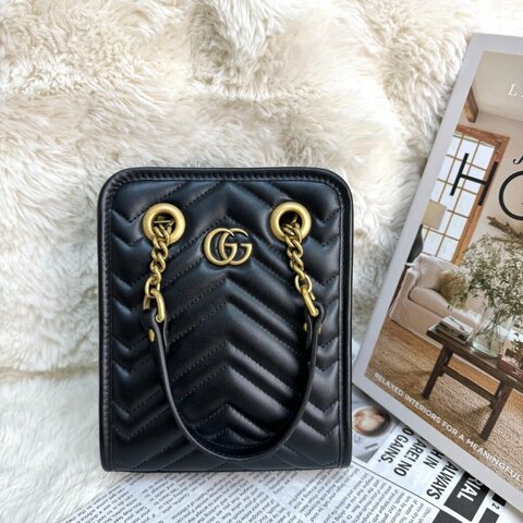 GUCCI 馬蒙 Marmont 托特包 黑色 波浪紋 牛皮 mini 16