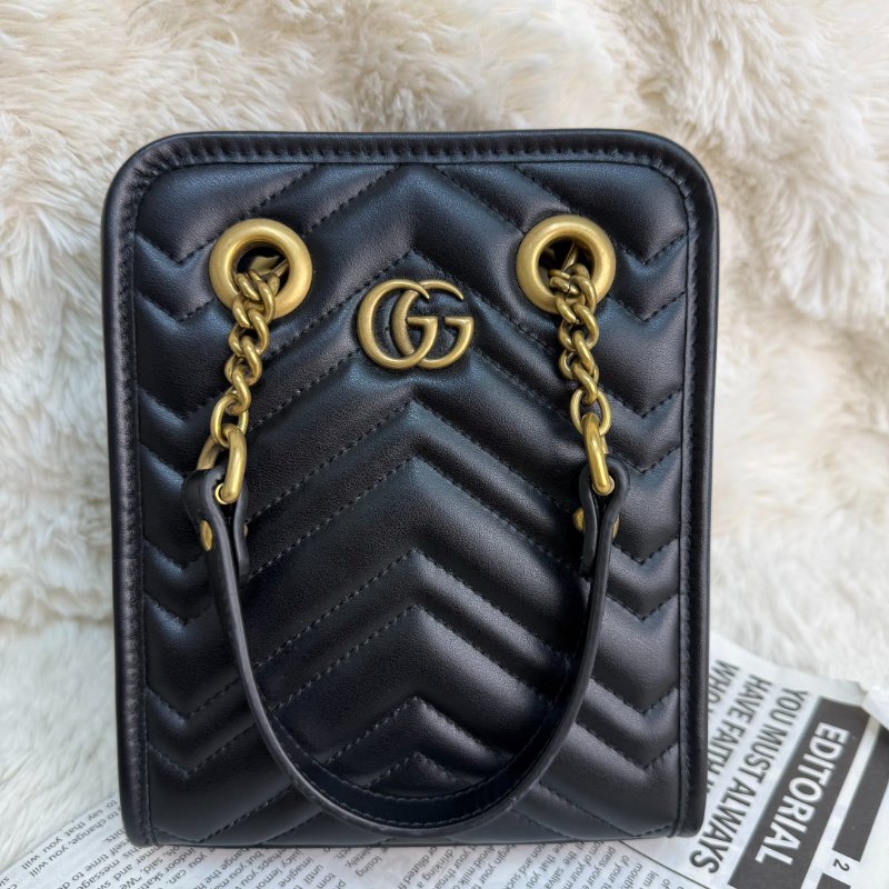 GUCCI 馬蒙 Marmont 托特包 黑色 波浪紋 牛皮 mini 16-1