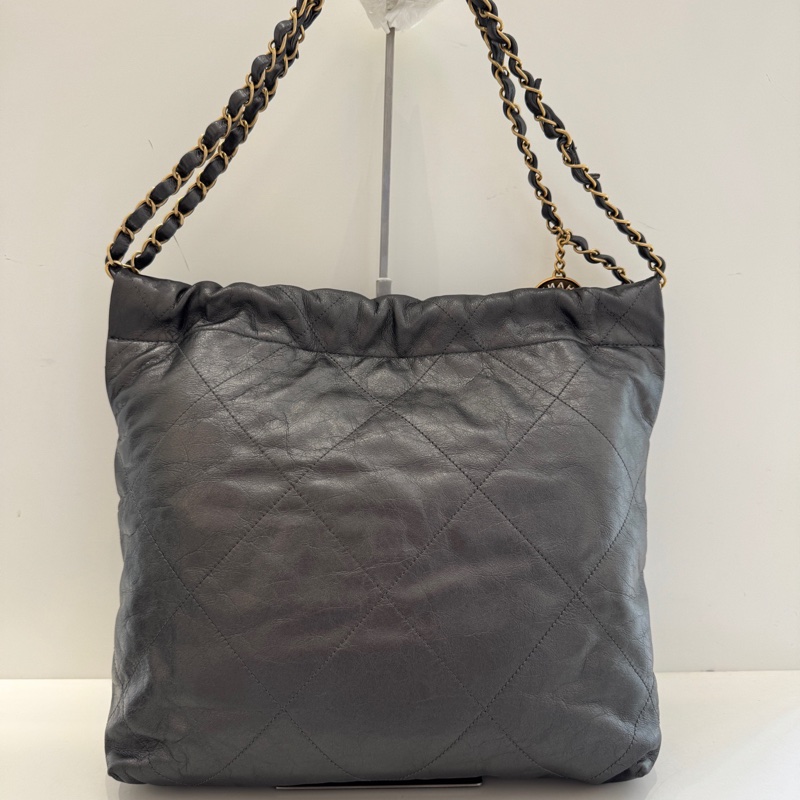 🆕98新 CHANEL香奈兒 22bag 小號 槍灰銀 油蠟牛皮 垃圾袋單肩包斜挎包 22年芯片 金扣 底長30cm✅正品-1