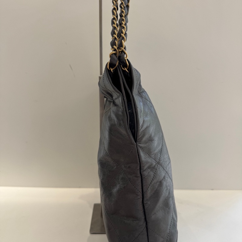 🆕98新 CHANEL香奈兒 22bag 小號 槍灰銀 油蠟牛皮 垃圾袋單肩包斜挎包 22年芯片 金扣 底長30cm✅正品-3