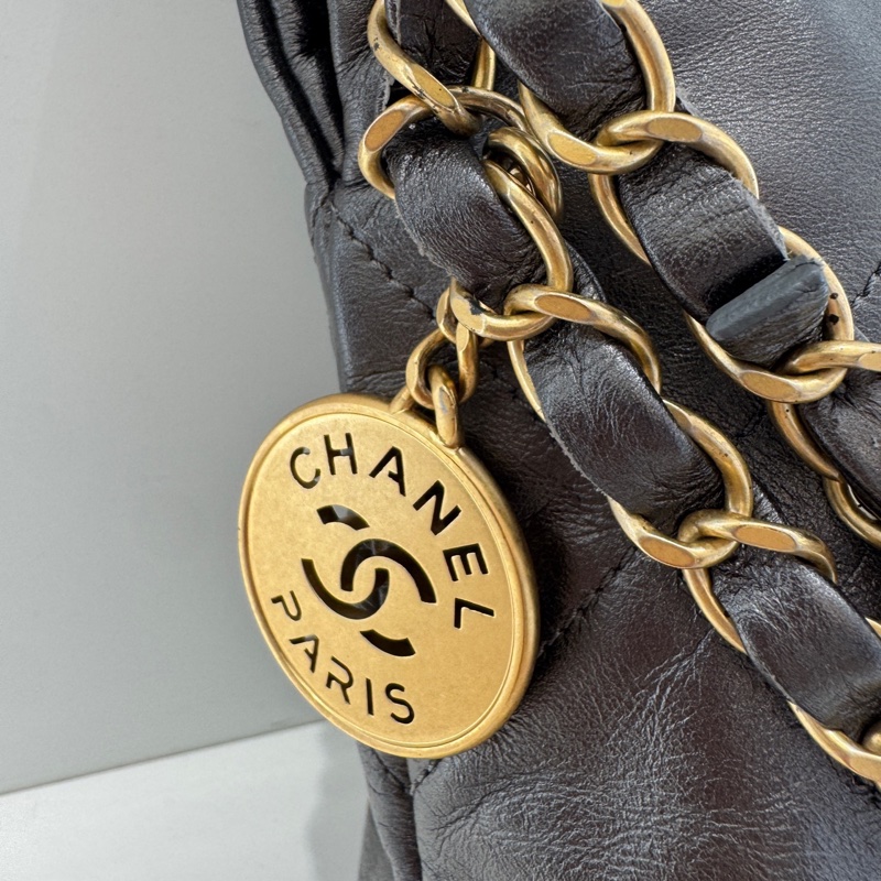 🆕98新 CHANEL香奈兒 22bag 小號 槍灰銀 油蠟牛皮 垃圾袋單肩包斜挎包 22年芯片 金扣 底長30cm✅正品-7