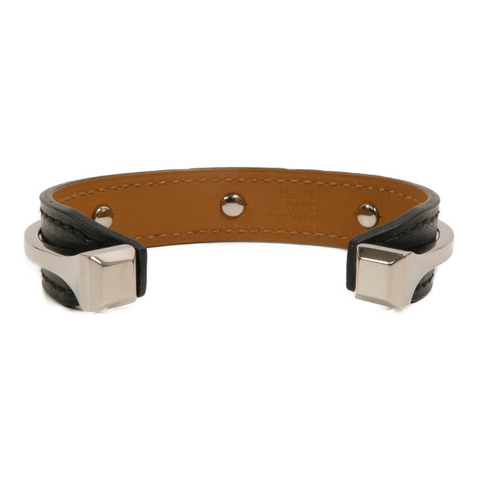 HERMES 金屬/Box皮革Open Cuff Bracelet手鐲Noir