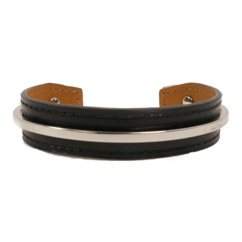 HERMES 金屬/Box皮革Open Cuff Bracelet手鐲Noir-1
