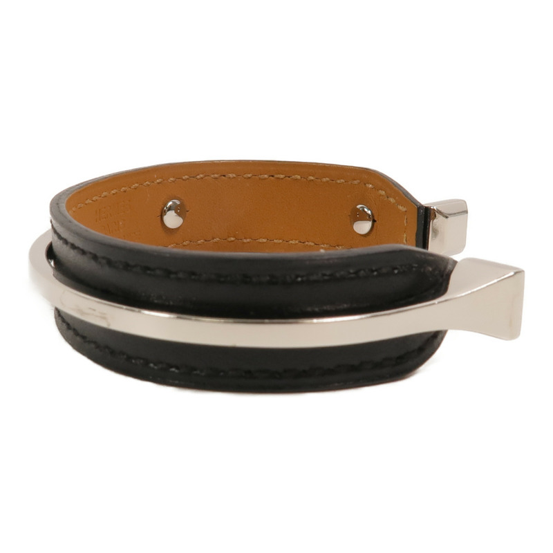 HERMES 金屬/Box皮革Open Cuff Bracelet手鐲Noir-2
