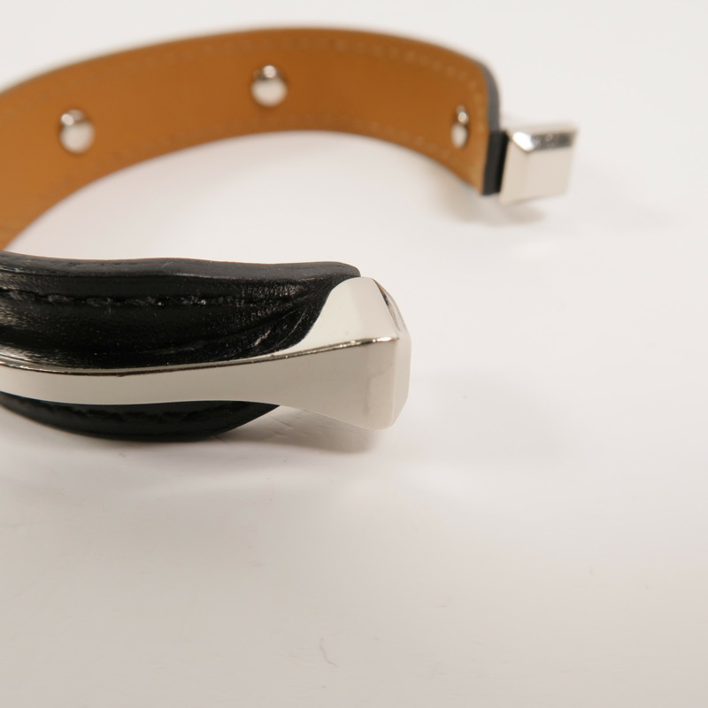 HERMES 金屬/Box皮革Open Cuff Bracelet手鐲Noir-5