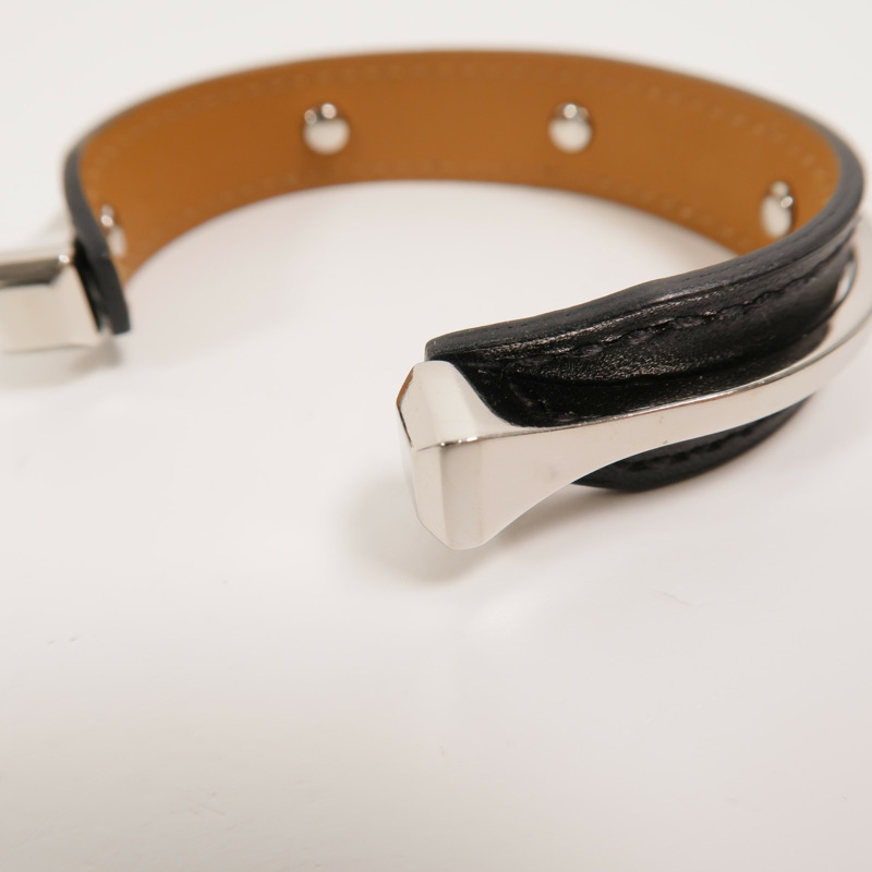 HERMES 金屬/Box皮革Open Cuff Bracelet手鐲Noir-6