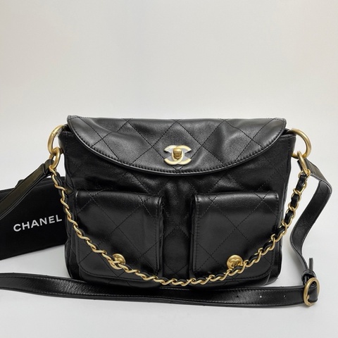 ✨99新Chanel/香奈兒24p黑金嬉皮小號牛皮郵差包手提包單肩包斜挎包 芯片款 正品💛
