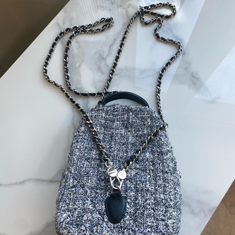 Chanel 毛呢雙肩包 灰色銀鏈-1