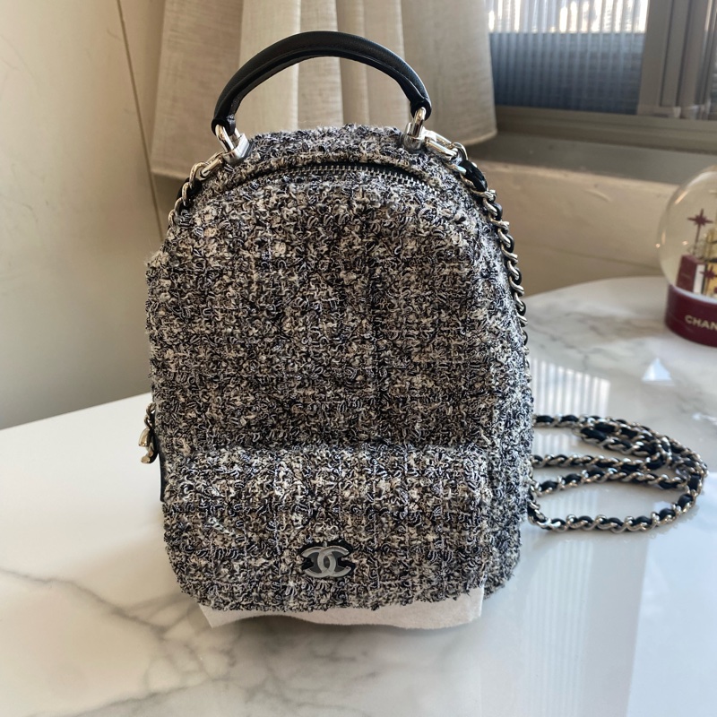 Chanel 毛呢雙肩包 灰色銀鏈-2