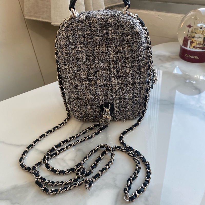 Chanel 毛呢雙肩包 灰色銀鏈-3