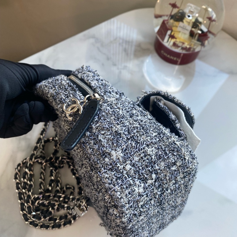 Chanel 毛呢雙肩包 灰色銀鏈-12
