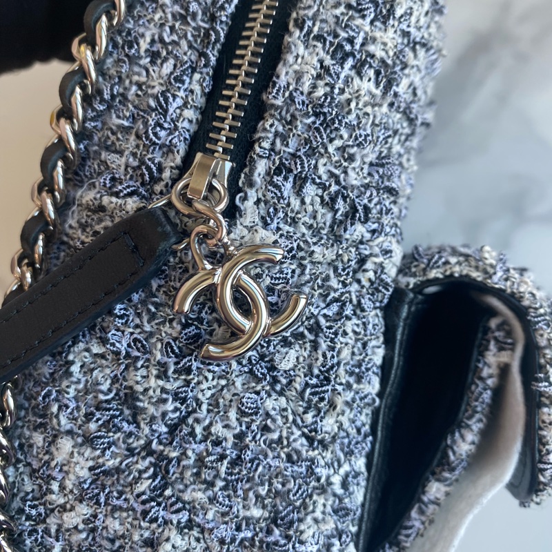 Chanel 毛呢雙肩包 灰色銀鏈-17