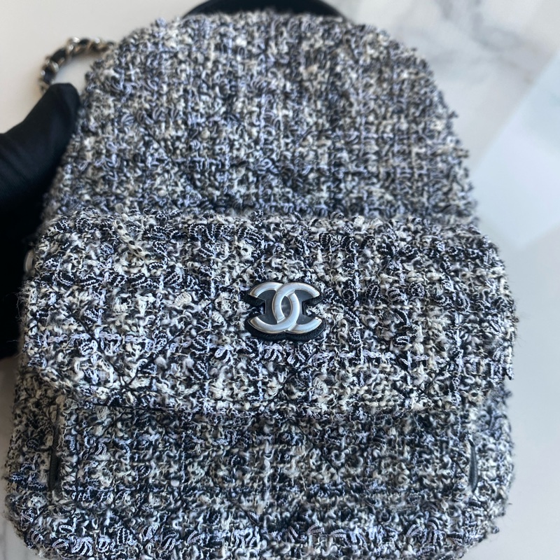 Chanel 毛呢雙肩包 灰色銀鏈-18