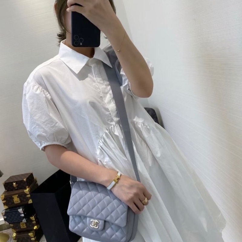 Chanel 荷葉邊包 灰色金扣 灰金 羊皮20*15*6 9新 配件塵袋保卡-0