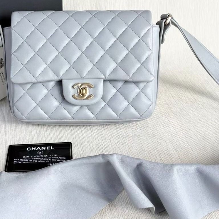 Chanel 荷葉邊包 灰色金扣 灰金 羊皮20*15*6 9新 配件塵袋保卡-2