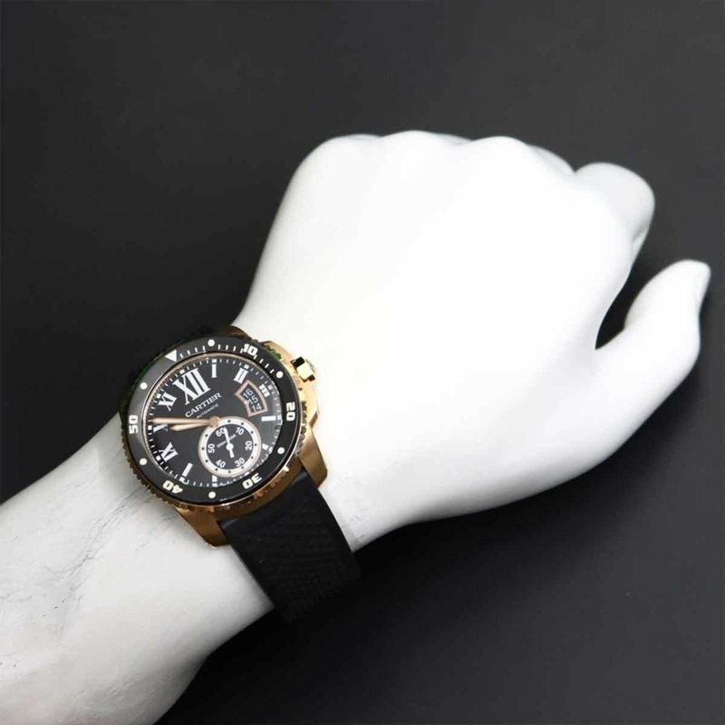 卡地亞 Calibre de Diver W7100052 男士腕錶,日期顯示,黑色錶盤,18K 玫瑰金錶殼,自動上鍊機芯-3