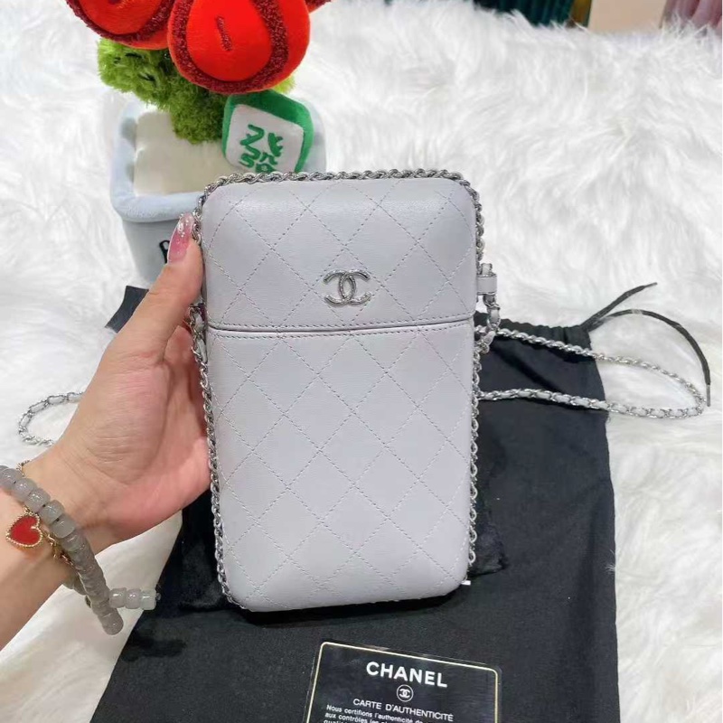 Chanel香奈兒18P灰色金扣羊皮手機包盒子包膠囊鏈條包單肩包斜挎包25開-0