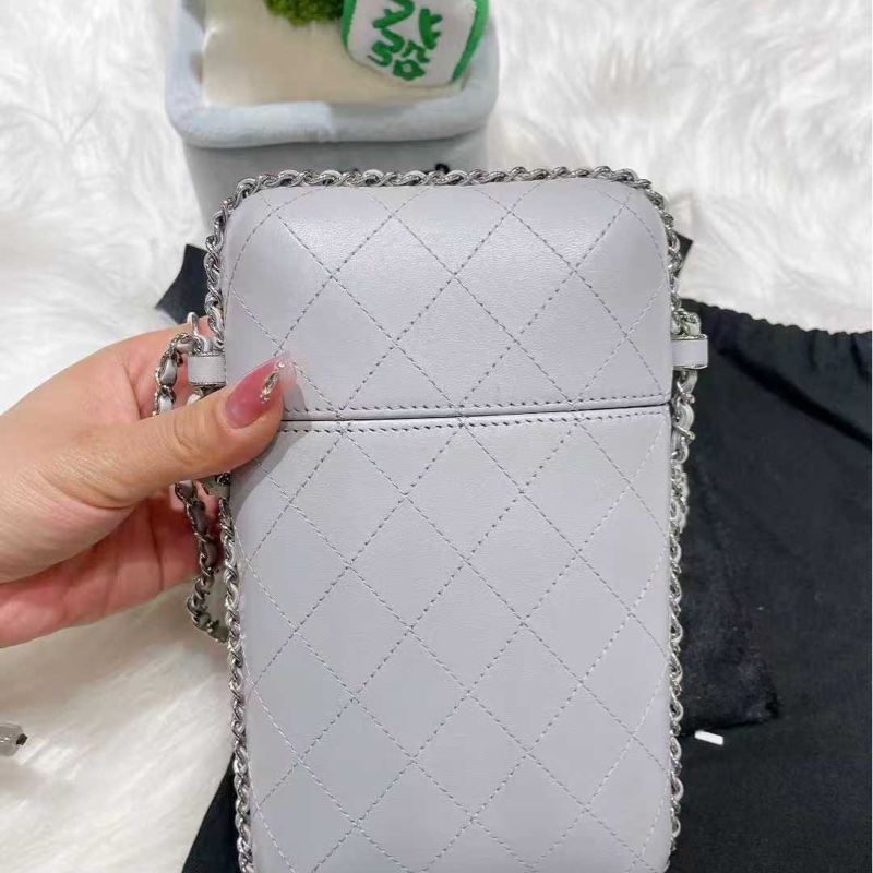 Chanel香奈兒18P灰色金扣羊皮手機包盒子包膠囊鏈條包單肩包斜挎包25開-1