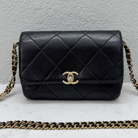CHANEL 香奈兒 黑金 chanel 24s 字母 鏈條 斜挎包
