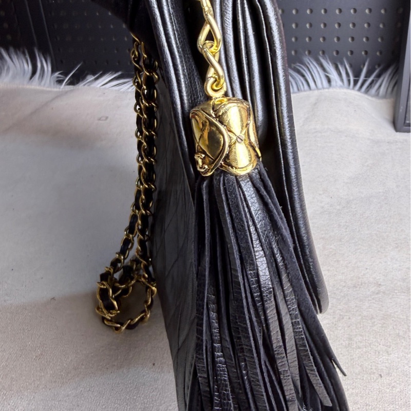 Chanel香奈兒黑金雙子星流蘇方塊鏈條包 黑金配色,經典菱格紋-4