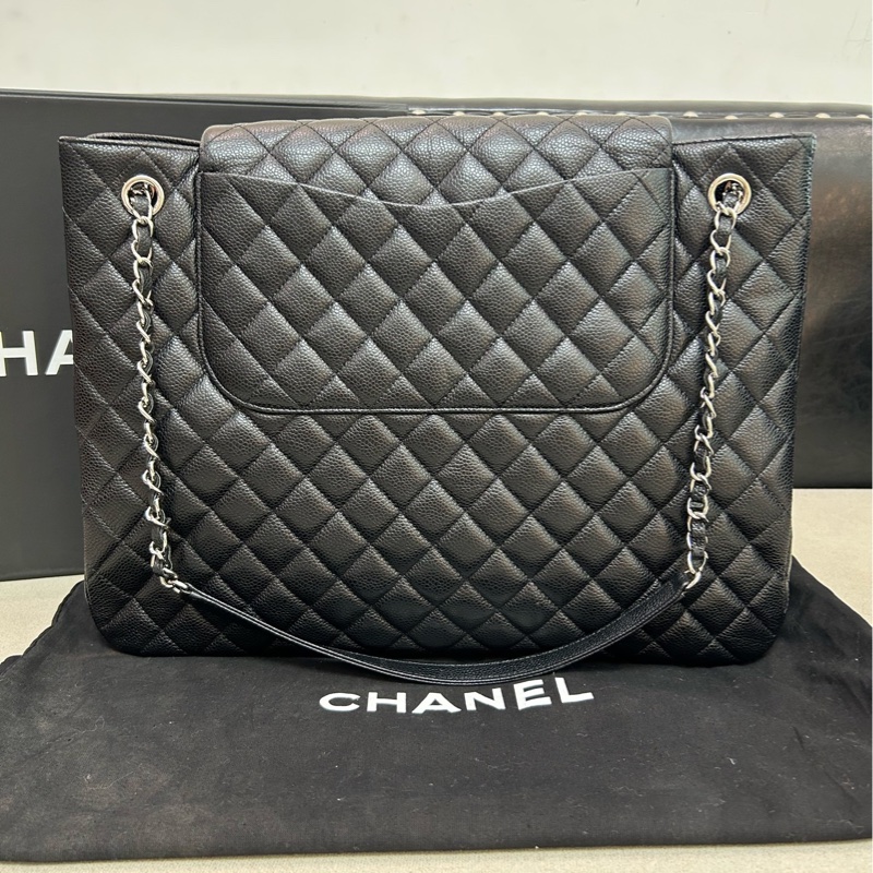 Chanel/香奈兒黑銀荔枝牛皮雙口袋大包子,前後多口袋設計-1