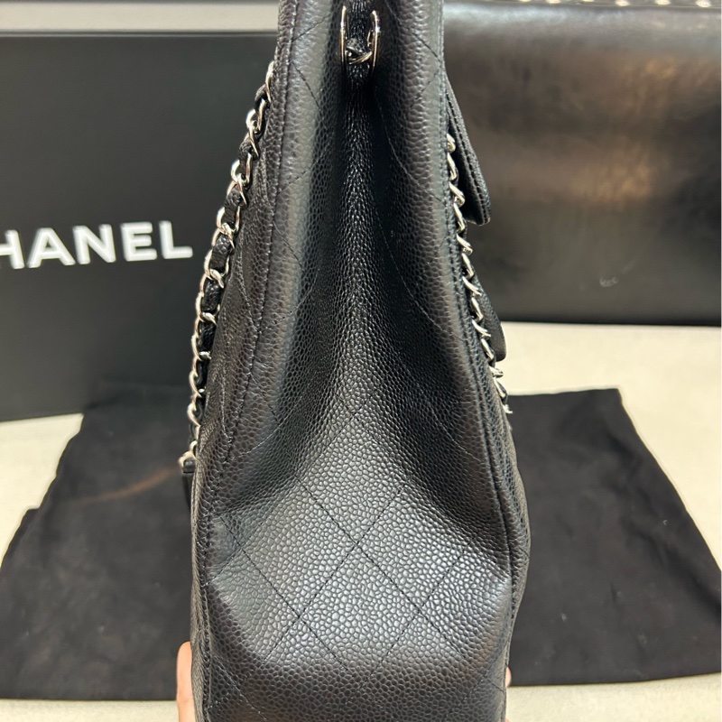 Chanel/香奈兒黑銀荔枝牛皮雙口袋大包子,前後多口袋設計-2