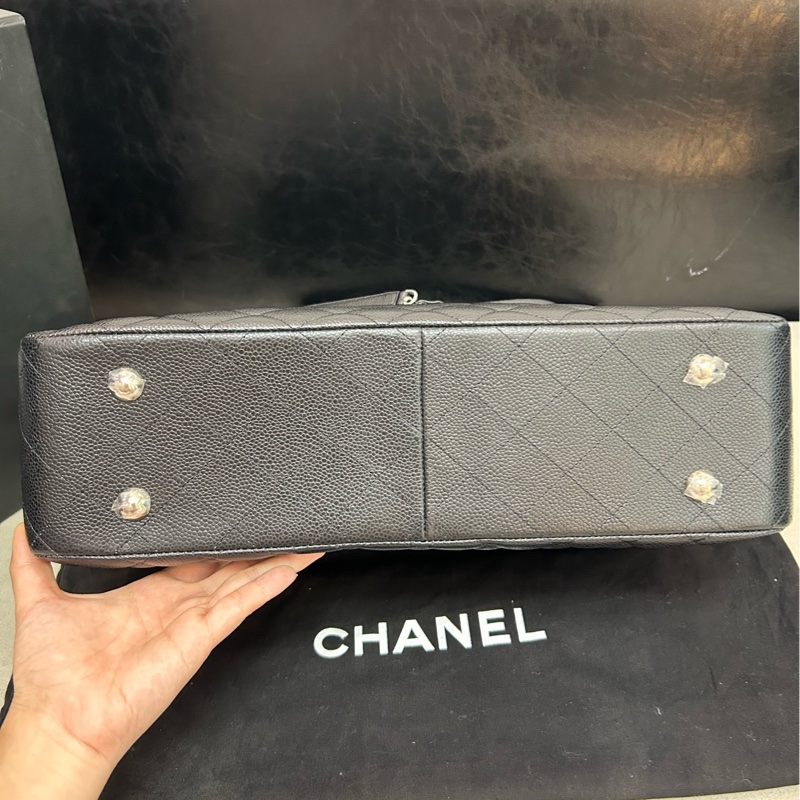 Chanel/香奈兒黑銀荔枝牛皮雙口袋大包子,前後多口袋設計-4