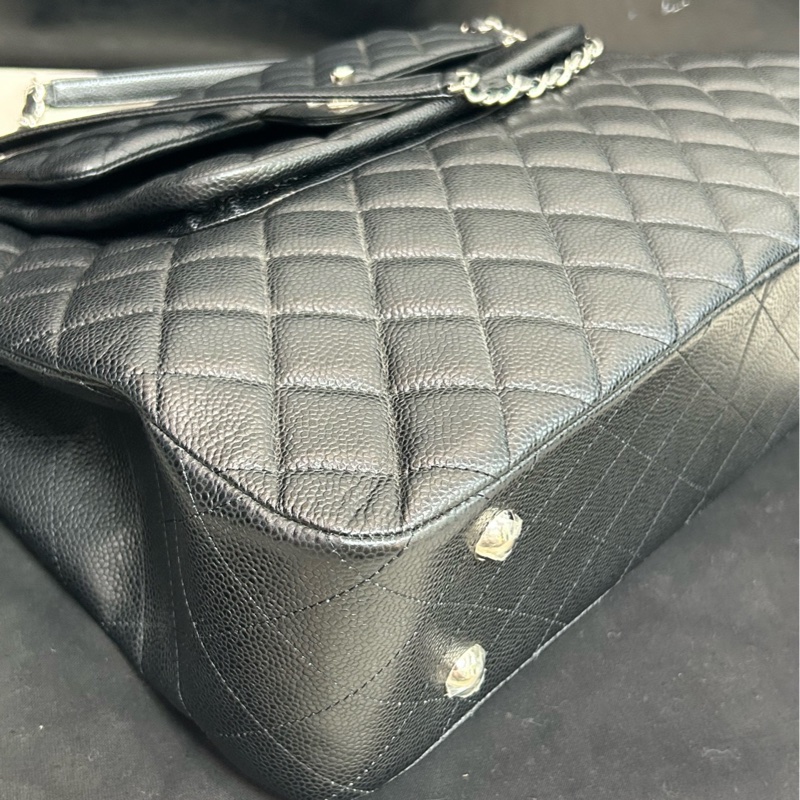 Chanel/香奈兒黑銀荔枝牛皮雙口袋大包子,前後多口袋設計-5