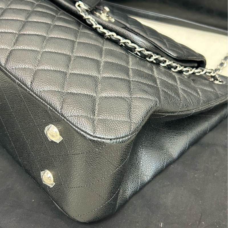 Chanel/香奈兒黑銀荔枝牛皮雙口袋大包子,前後多口袋設計-6