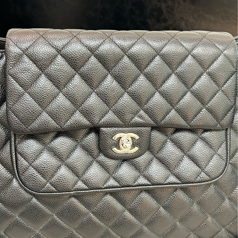 Chanel/香奈兒黑銀荔枝牛皮雙口袋大包子,前後多口袋設計-7
