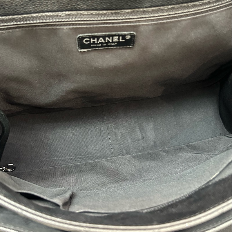 Chanel/香奈兒黑銀荔枝牛皮雙口袋大包子,前後多口袋設計-8