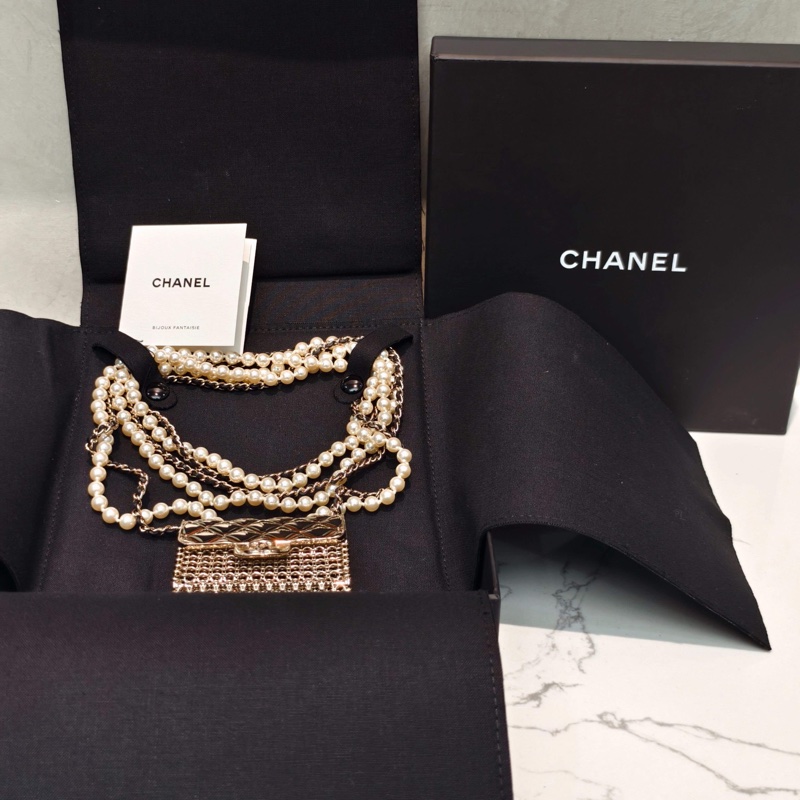 99新Chanel香奈兒 珍珠配金屬鏈條鏤空小包項鍊 玫瑰金色 鏈長50-1