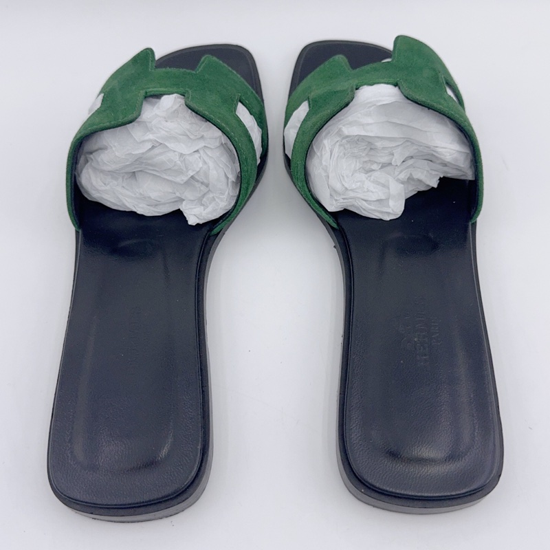 hermes愛馬仕/36碼/綠色絲絨H拖鞋/99新/已貼底-4