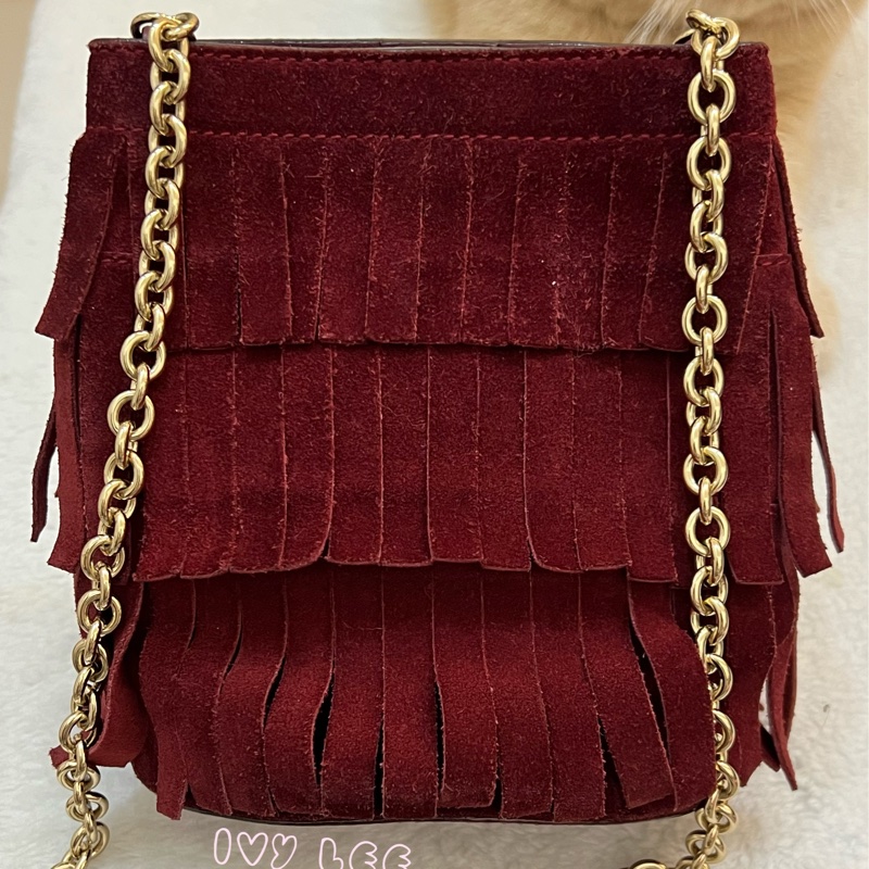 BURBERRY 紅麂皮水桶包 流蘇線條造型 金鍊條 斜背包 肩背包 正品 二手精品-1