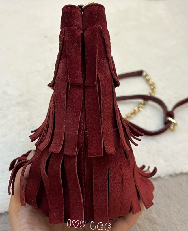 BURBERRY 紅麂皮水桶包 流蘇線條造型 金鍊條 斜背包 肩背包 正品 二手精品-8