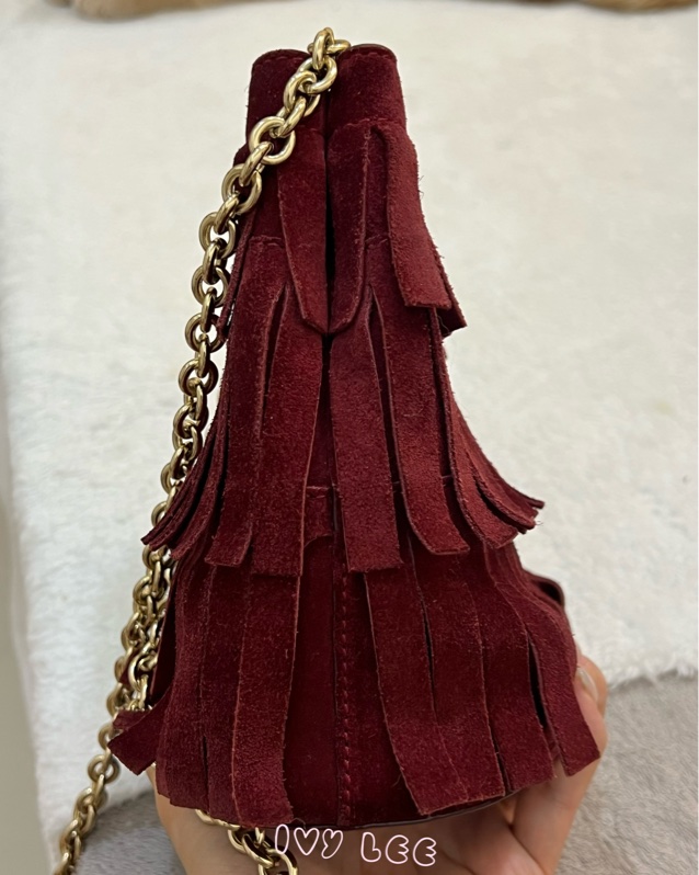 BURBERRY 紅麂皮水桶包 流蘇線條造型 金鍊條 斜背包 肩背包 正品 二手精品-9