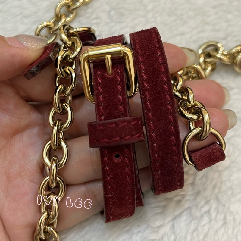 BURBERRY 紅麂皮水桶包 流蘇線條造型 金鍊條 斜背包 肩背包 正品 二手精品-10