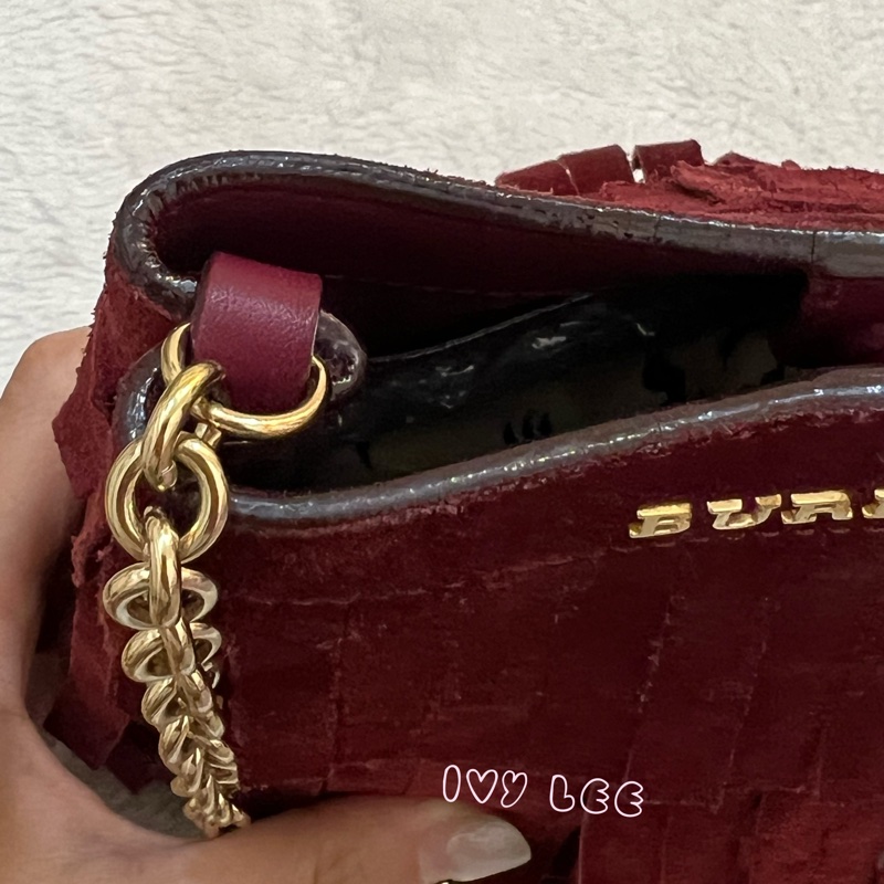 BURBERRY 紅麂皮水桶包 流蘇線條造型 金鍊條 斜背包 肩背包 正品 二手精品-16